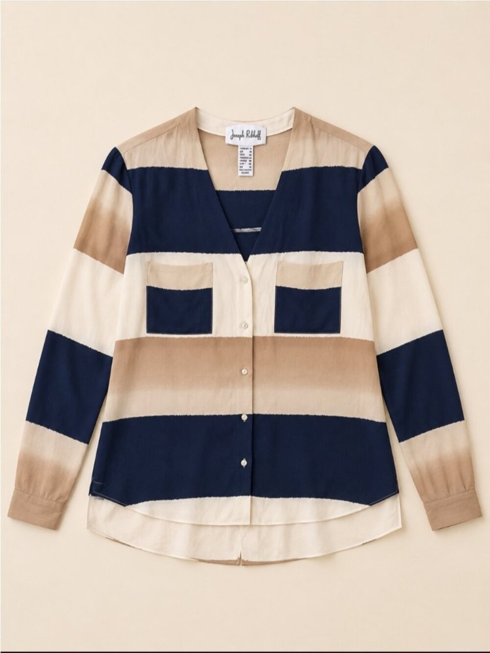 Joseph Ribkoff Striped Tunic Blouse Woman 14 Navy Beige White Hi Low Back Pleat